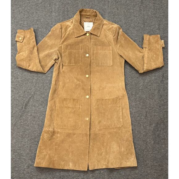 MNG Genuine Pigskin Leather Suede Long Tan Jacket Coat Size S - Picture 1 of 8